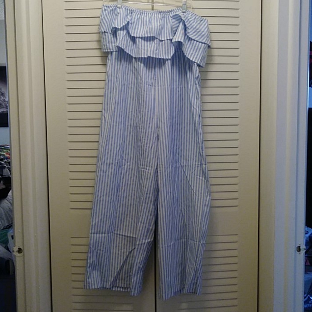 Striped strapless jumpsuit with ruffle detail